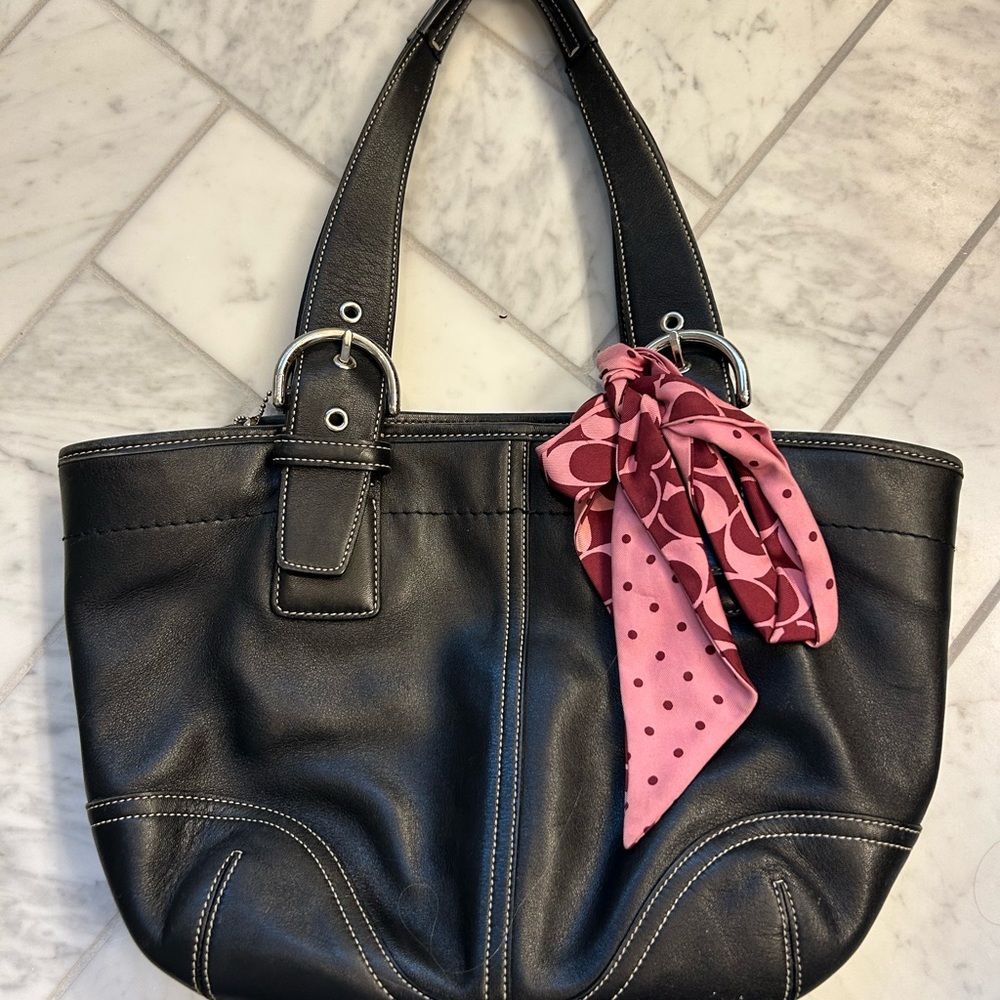 Coach black leather medium sized tote bag.  Includes pink scarf